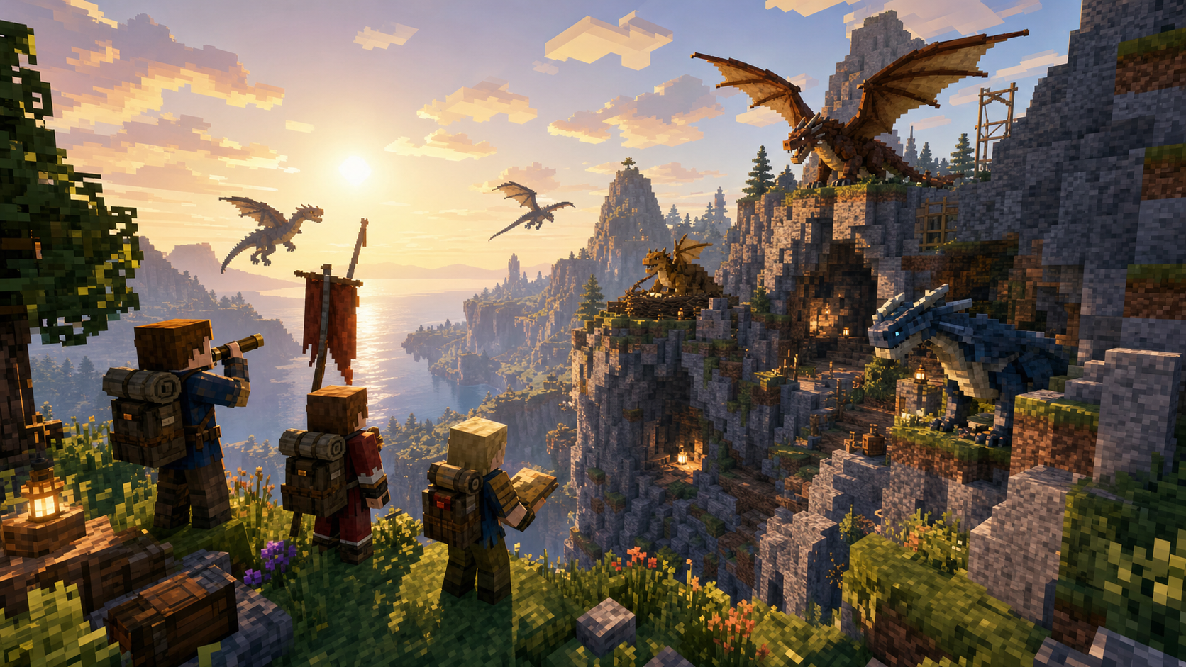 Players scouting dragon roosts from a mountain ridge at sunrise.