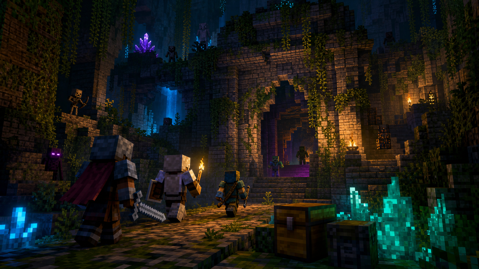 Armored players entering a ruined dungeon in a glowing cave.