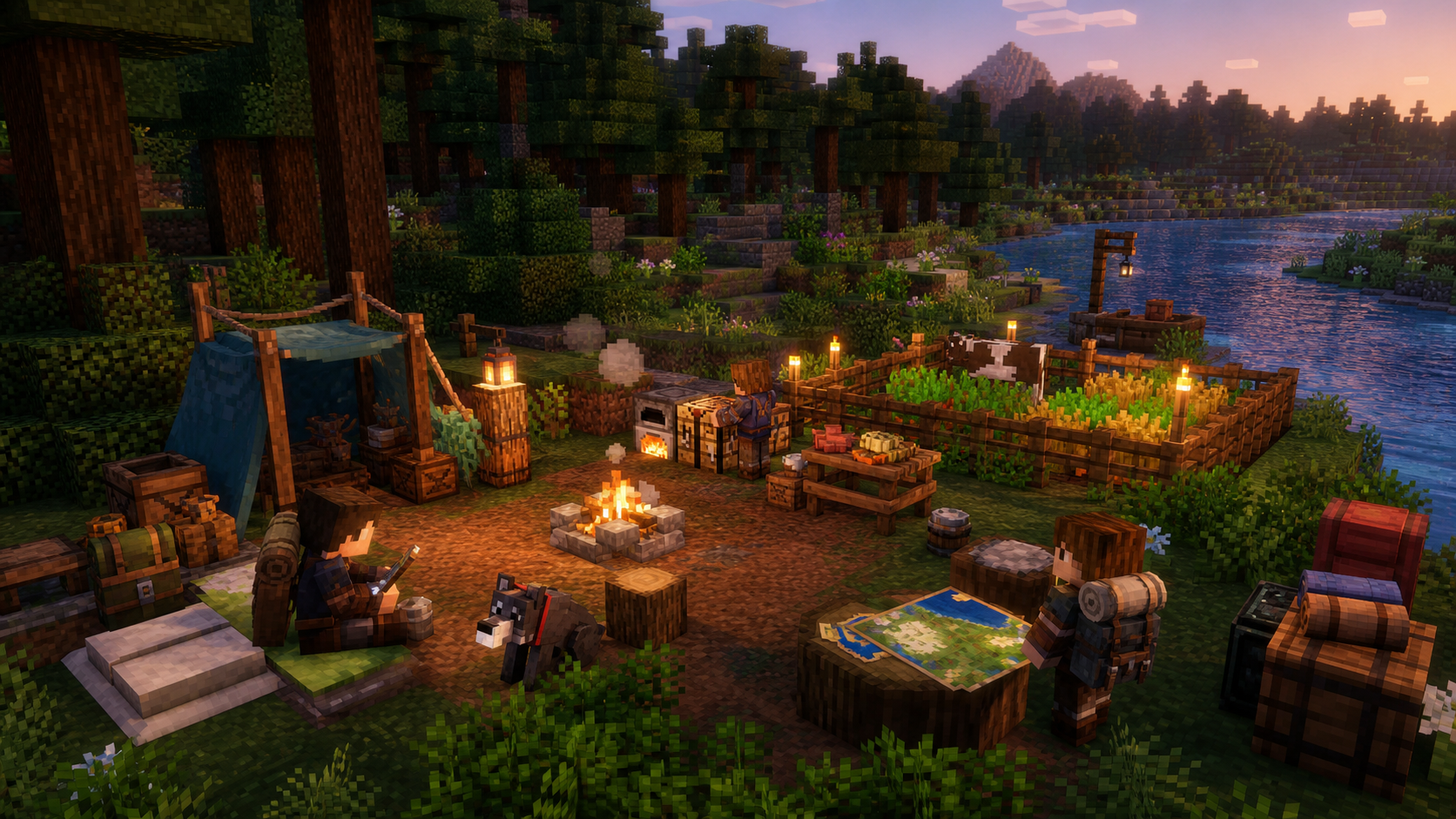 A blocky starter camp with crafting supplies, backpacks, farms, and a river.