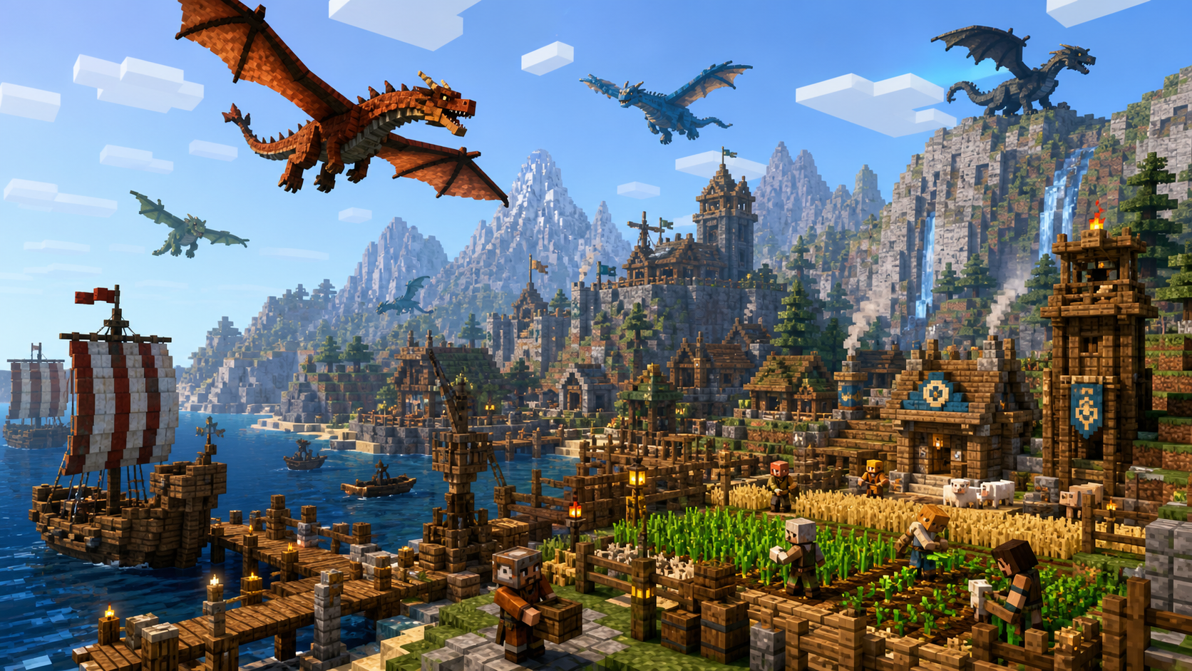 A blocky coastal colony with ships, mountains, and dragons overhead.